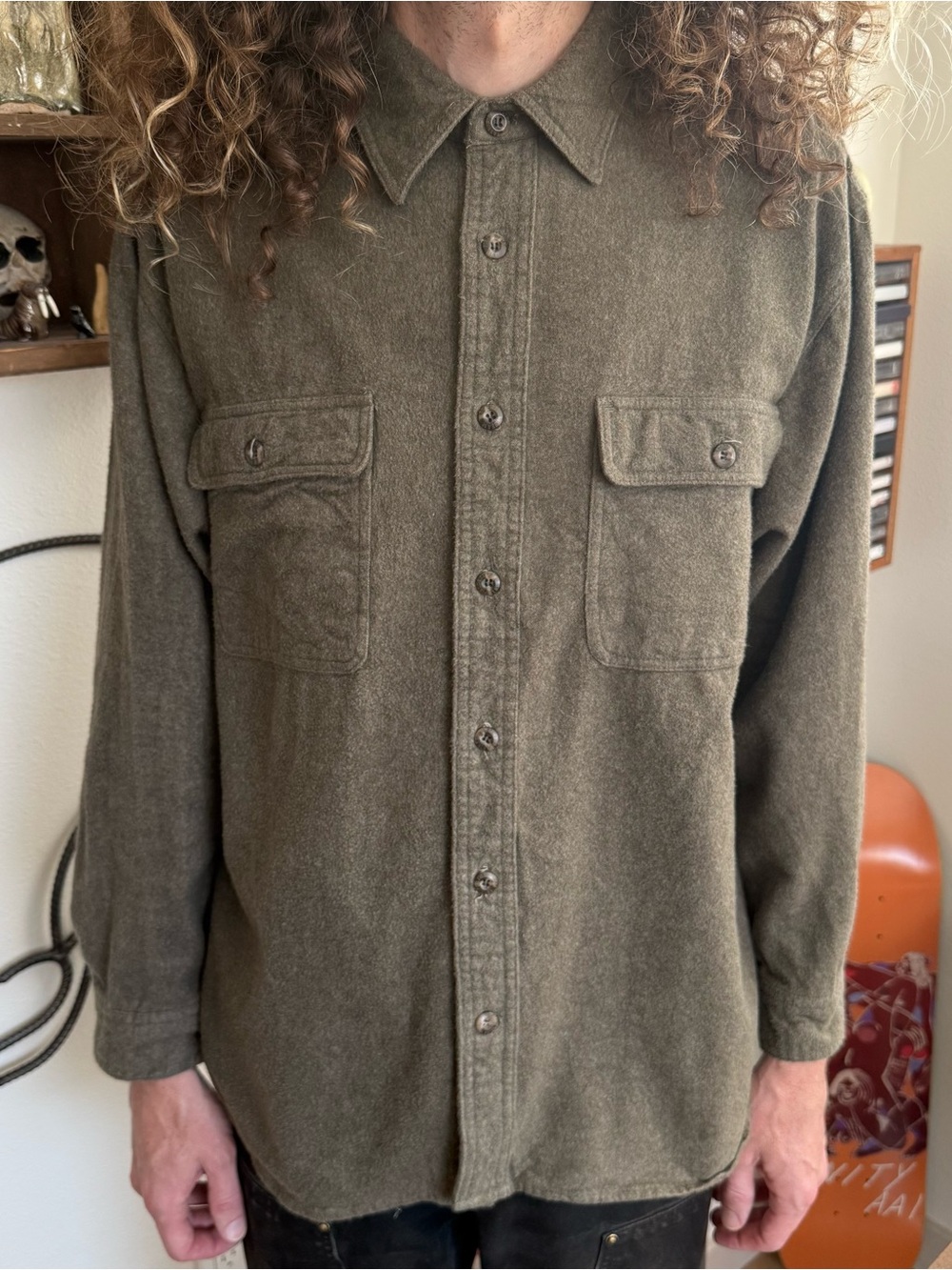 Vintage 90s 2000s Olive Green Chamois Button Down Work Shirt ~ Size Large